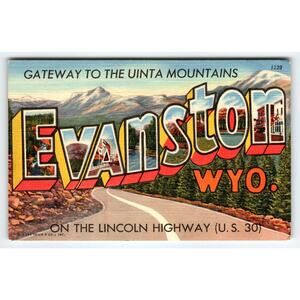 Greetings Hello From Evanston Wyoming Postcard Large Big Letter Curt Teich
